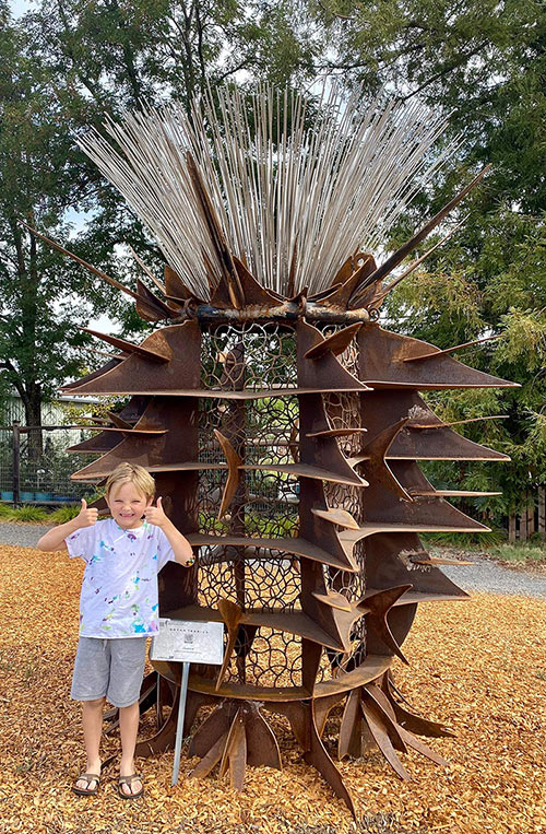 Hendrix Wilson, 7 years going on 8, is a fan of the Trail. After viewing the sculptures, he declared his favorite was the pineapple. Mother asked, you mean the “Thistle”? Hendrix insisted, it’s a pineapple.